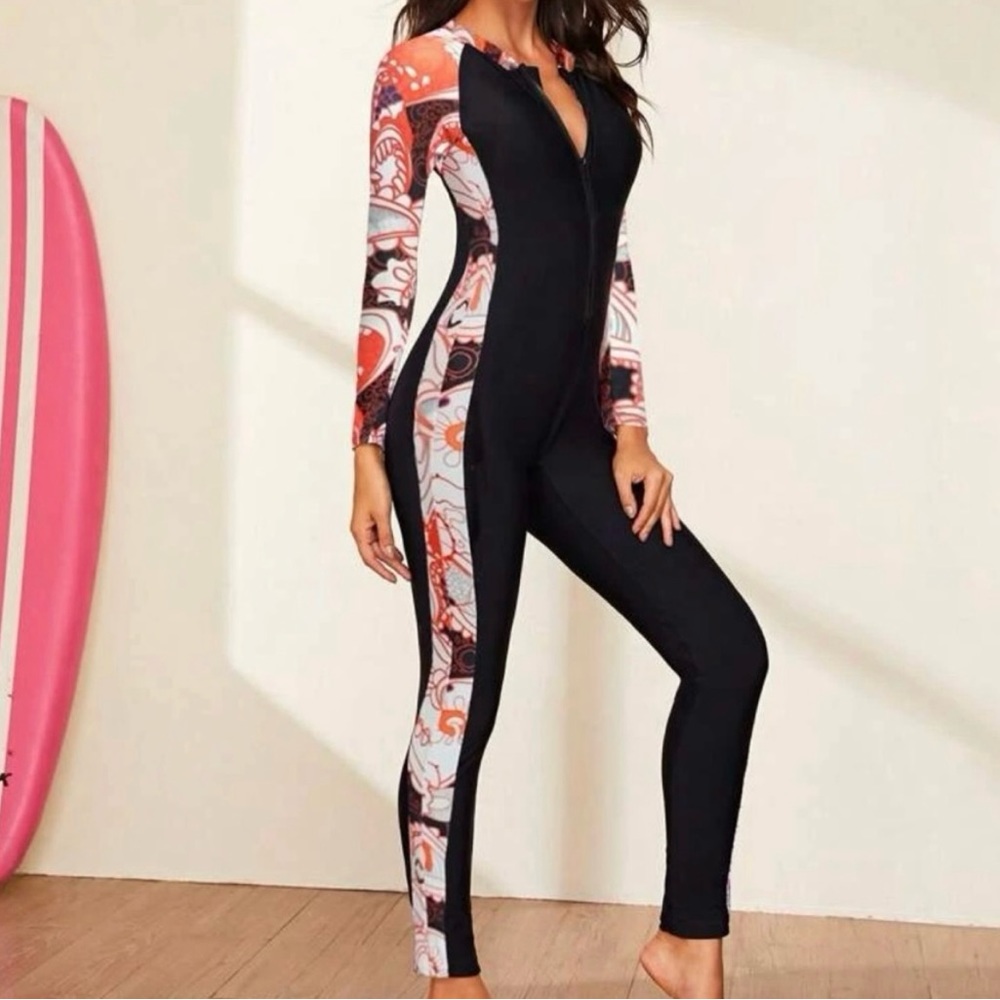 brand new shein women's one piece zipper floral swimsuit size L